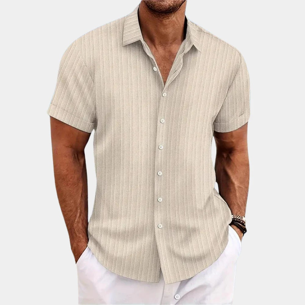 Koszula męska z krótkim rękawem w pionowe paski o luźnym kroju - Beżowy