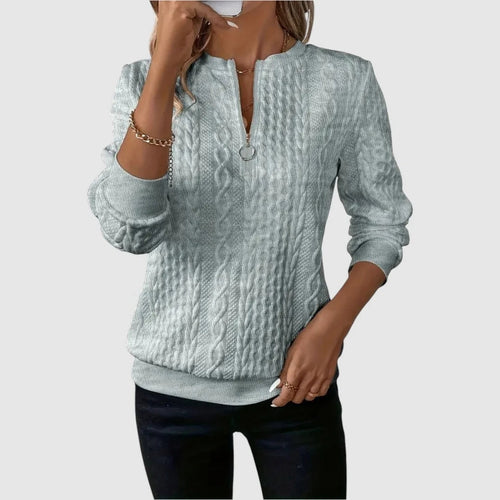 Bluza damska ze strukturalnym wzorem i krótkim zamkiem - Beżowy
