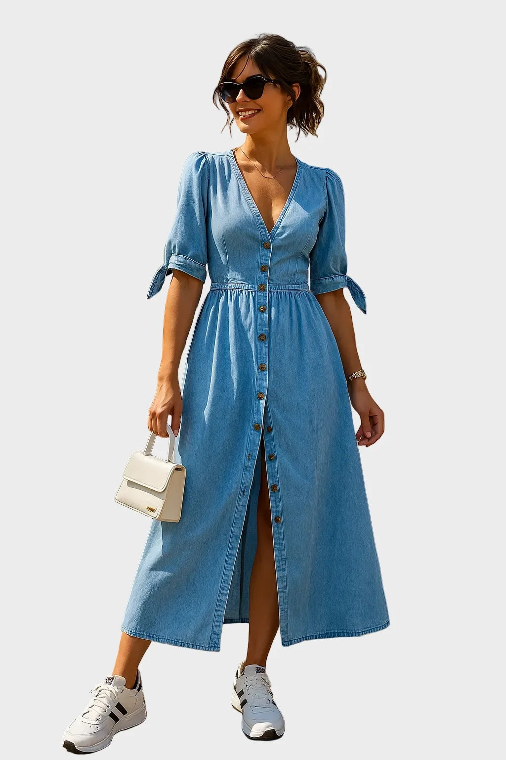 Sukienka damska midi rozkloszowana z dekoltem w serek i guzikami - Niebieski