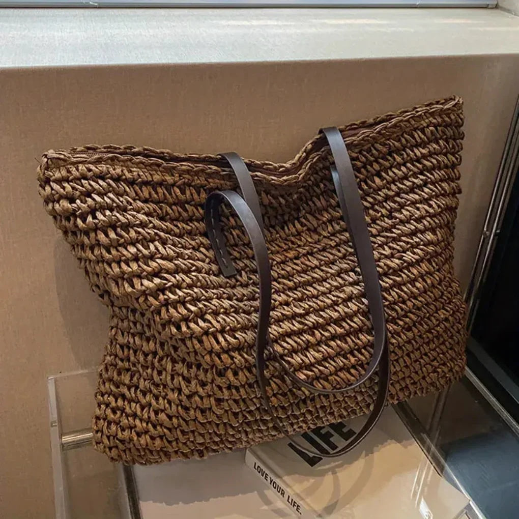 Torebka damska shopper duża pleciona z dwoma długimi uchwytami - Kawowy