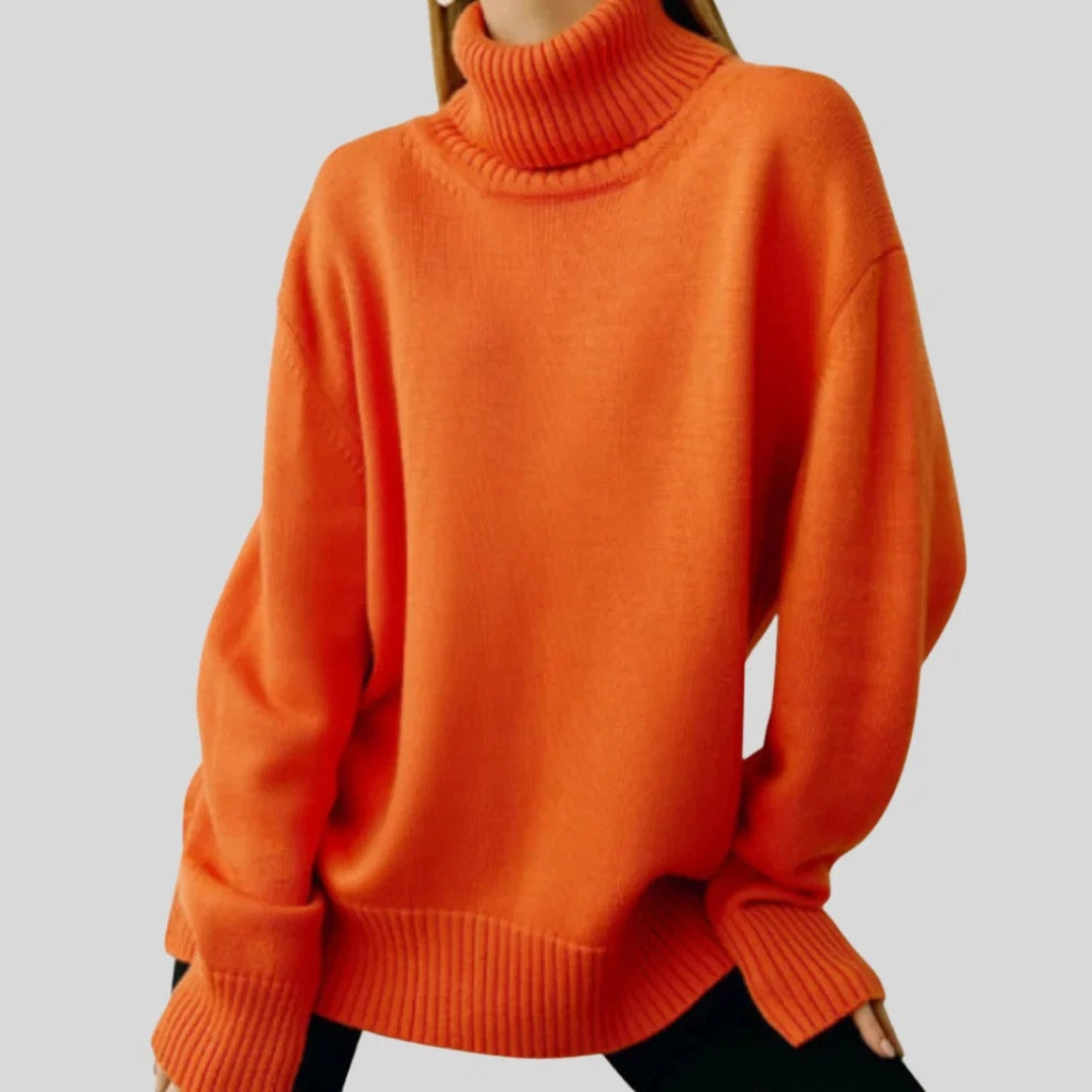 Sweter damski oversize z golfem i obniżoną linią ramion - Pomarańczowy