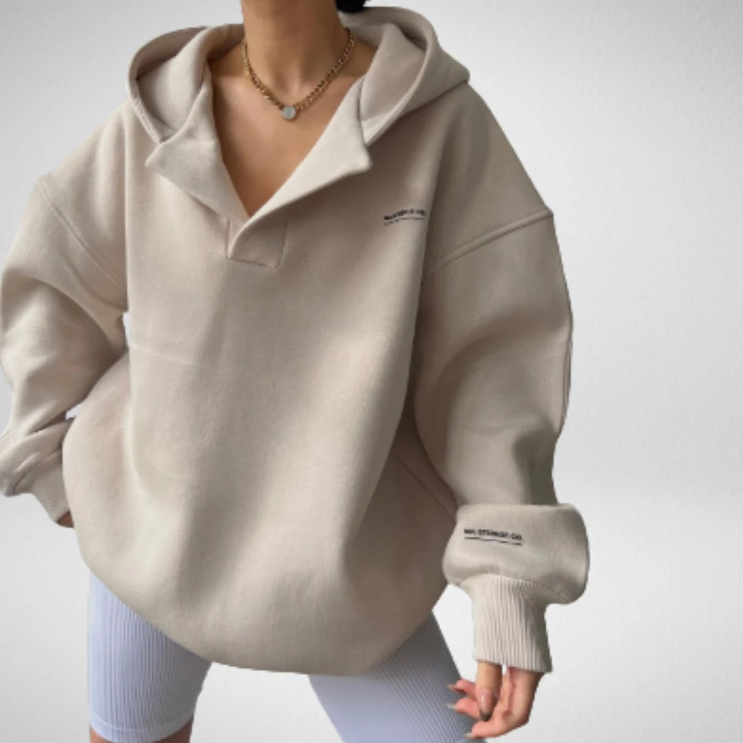Bluza damska oversize z kapturem i otwartym dekoltem w serek - Beżowy