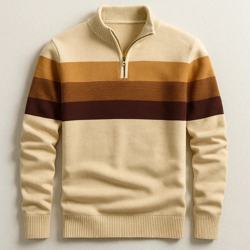 Sweter męski w pasy ze stójką i krótkim zamkiem - Brązowy