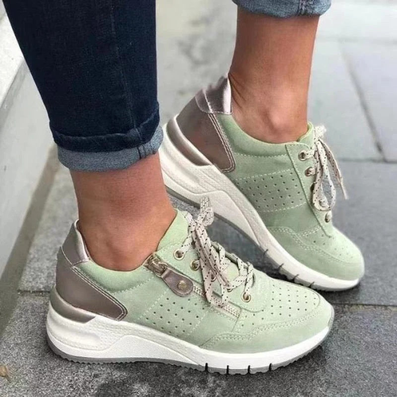 Sneakersy damskie niskie sznurowane na podwyższonej podeszwie - Zielony