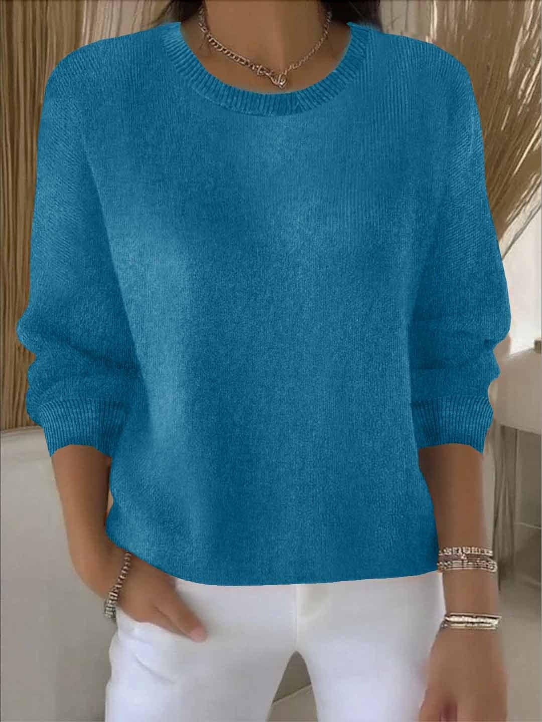 Sweter damski luźny z okrągłym dekoltem i długimi rękawami - Niebieski