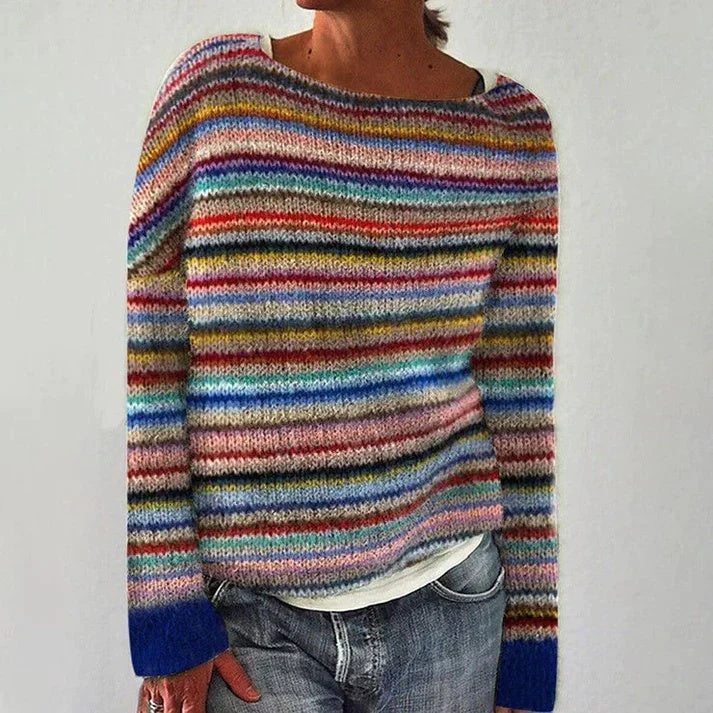 Sweter damski w poziome paski z szerokim dekoltem i długimi rękawami