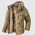 Kurtka męska zimowa z kapturem i wieloma kieszeniami w stylu outdoorowym - Khaki