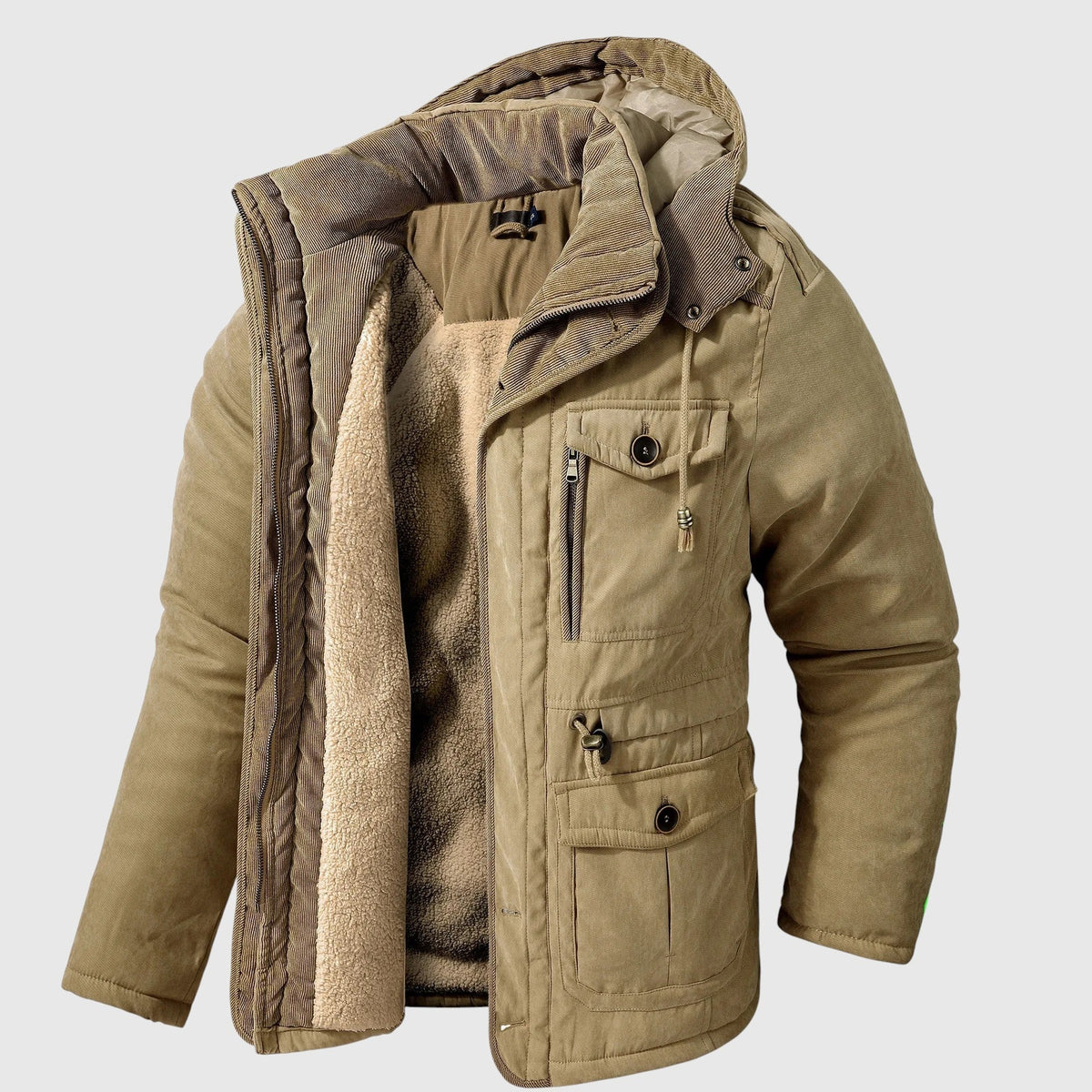 Kurtka męska zimowa z kapturem i wieloma kieszeniami w stylu outdoorowym - Khaki