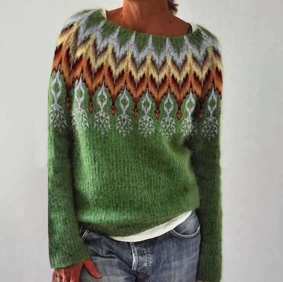 Sweter damski luźny z okrągłym dekoltem i geometrycznym wzorem - Jasnozielony