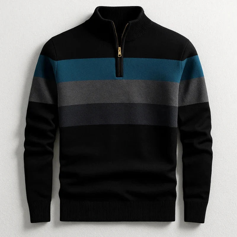 Sweter męski w pasy ze stójką i krótkim zamkiem - Czarny
