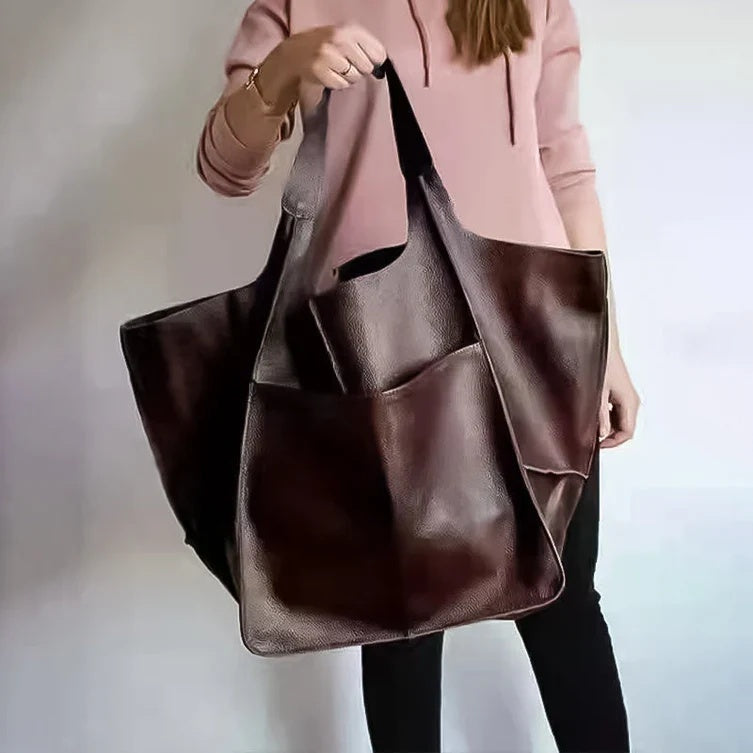 Torebka damska shopper duża z szerokimi uchwytami i kieszeniami - Brązowy
