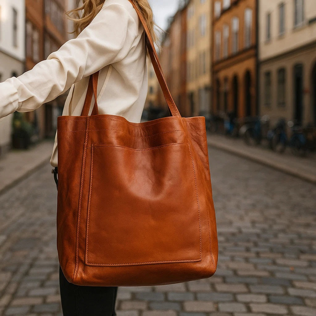Torebka damska shopper z podwójnymi uchwytami i dużą kieszenią - Jasny Brąz