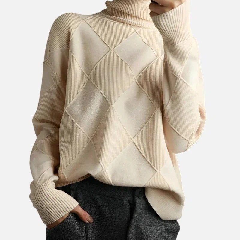 Sweter damski oversize z golfem i geometrycznym wzorem - Khaki