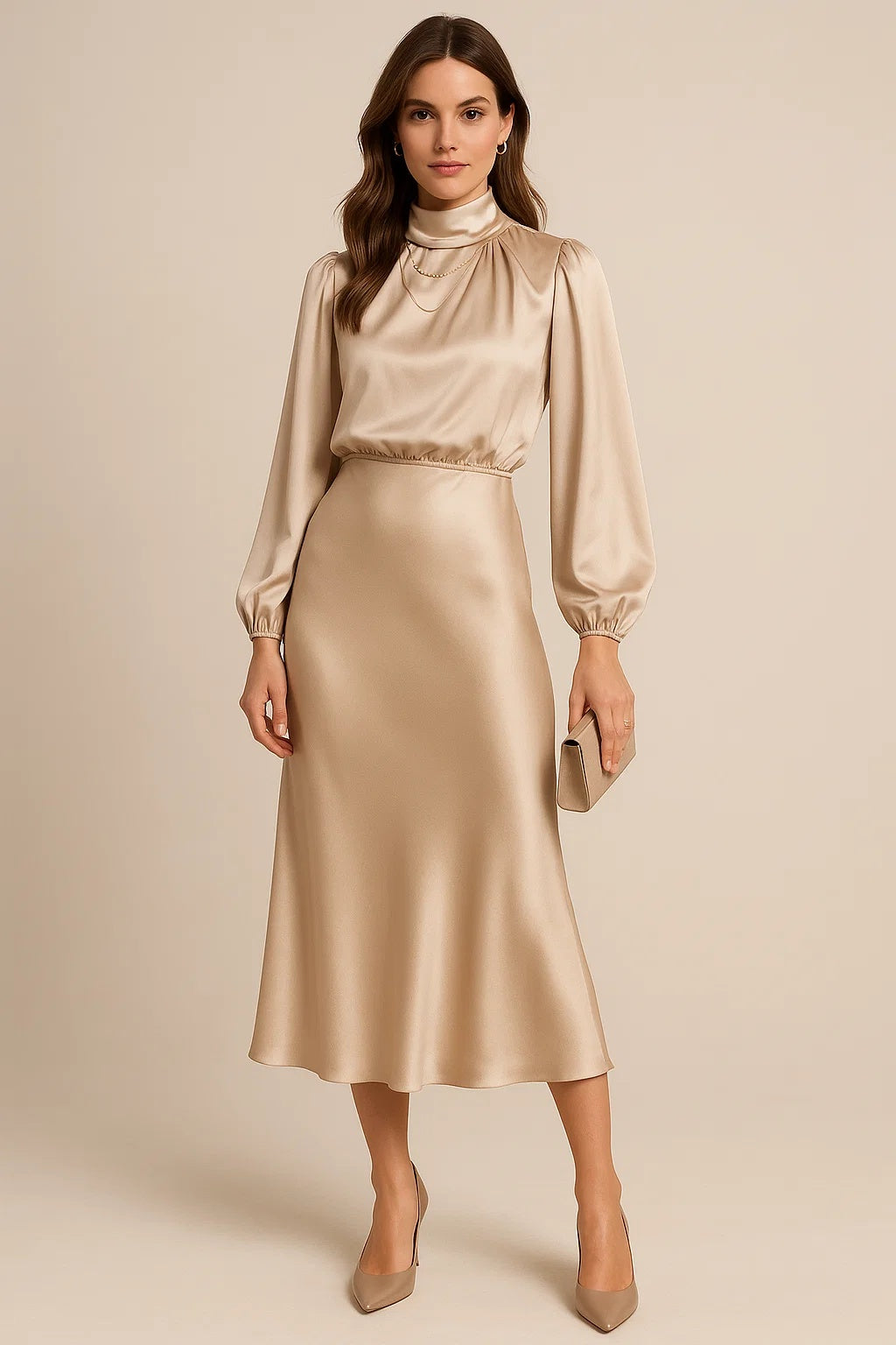 Sukienka damska midi elegancka z golfem i bufiastymi rękawami - Morelowy