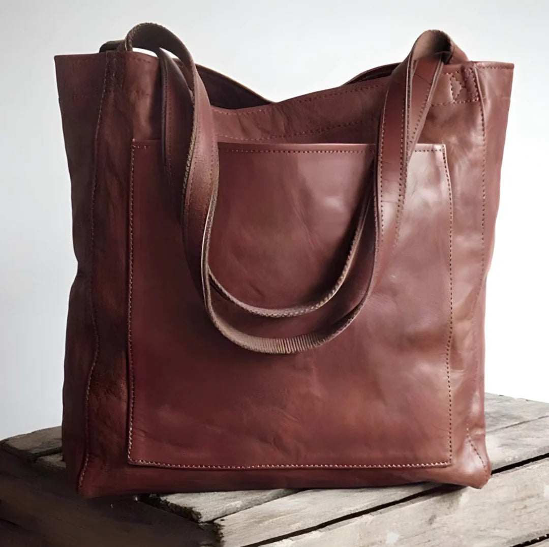 Torebka damska shopper z podwójnymi uchwytami i dużą kieszenią - Ciemny Brąz