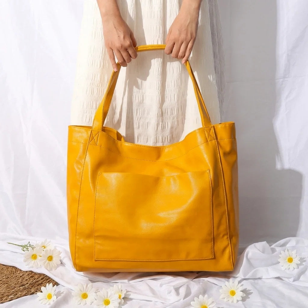 Torebka damska shopper duża z dwoma uchwytami i kieszeniami - Żółty