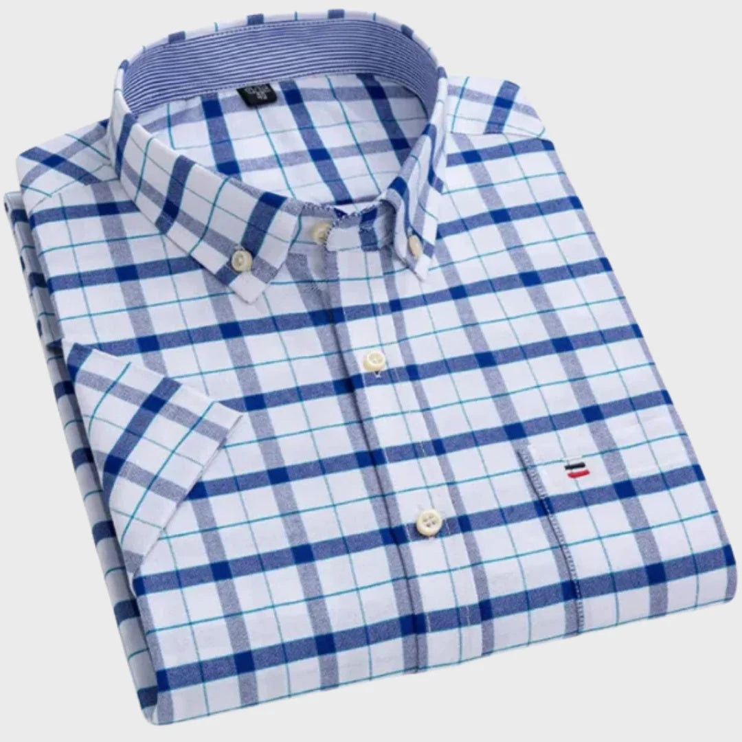 Koszula męska w kratę z krótkim rękawem i kołnierzykiem button down - Biało-Niebieski