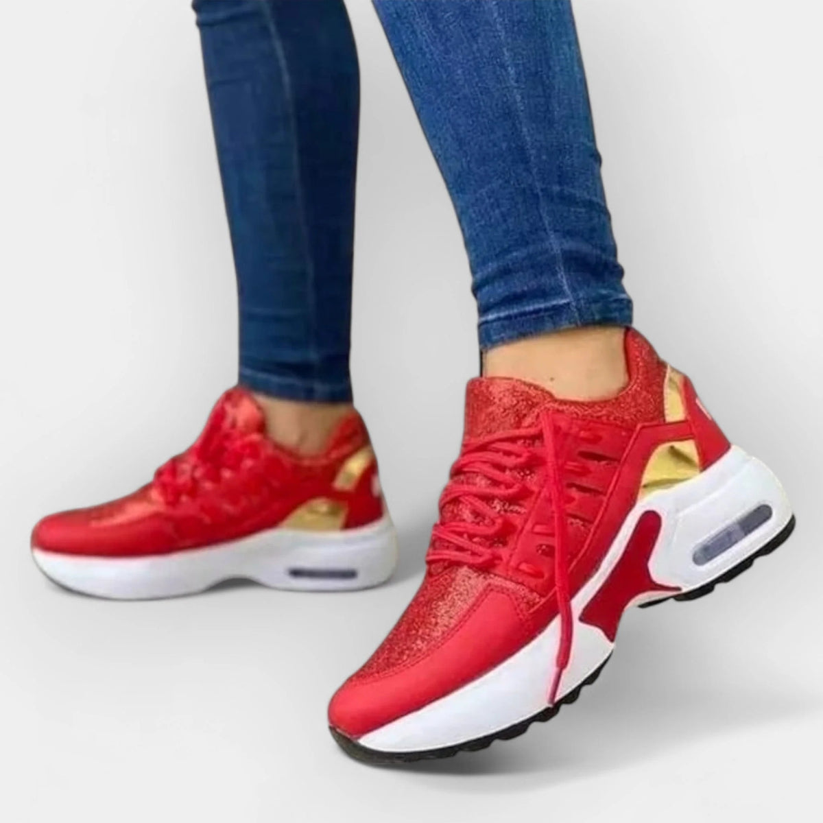 Sneakersy damskie sportowe na grubej podeszwie ze sznurowaniem - Czerwony
