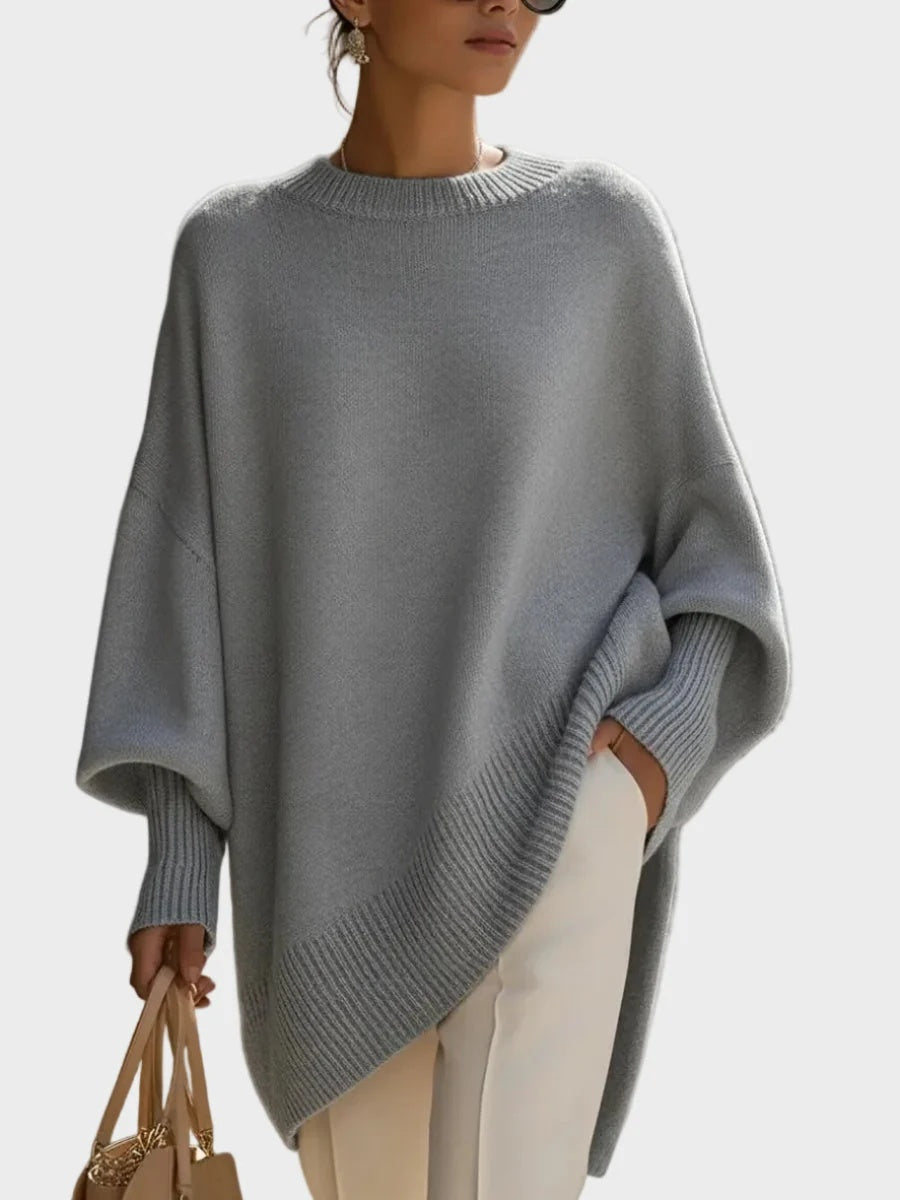 Sweter damski oversize o kroju poncza z okrągłym dekoltem i długimi rękawami - Szary