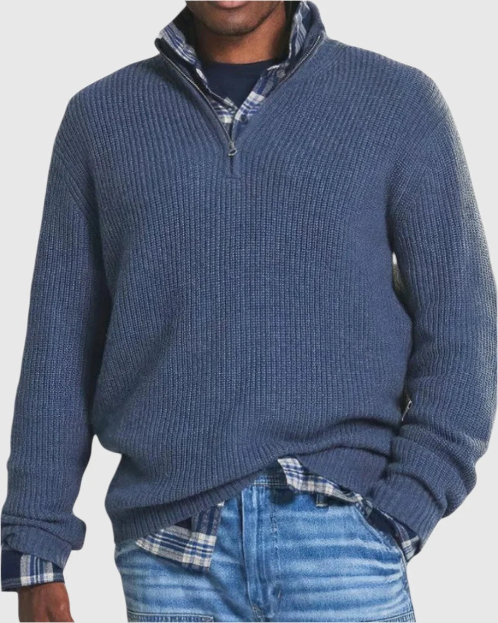 Sweter męski o luźnym kroju ze stójką i krótkim zamkiem - Niebieski