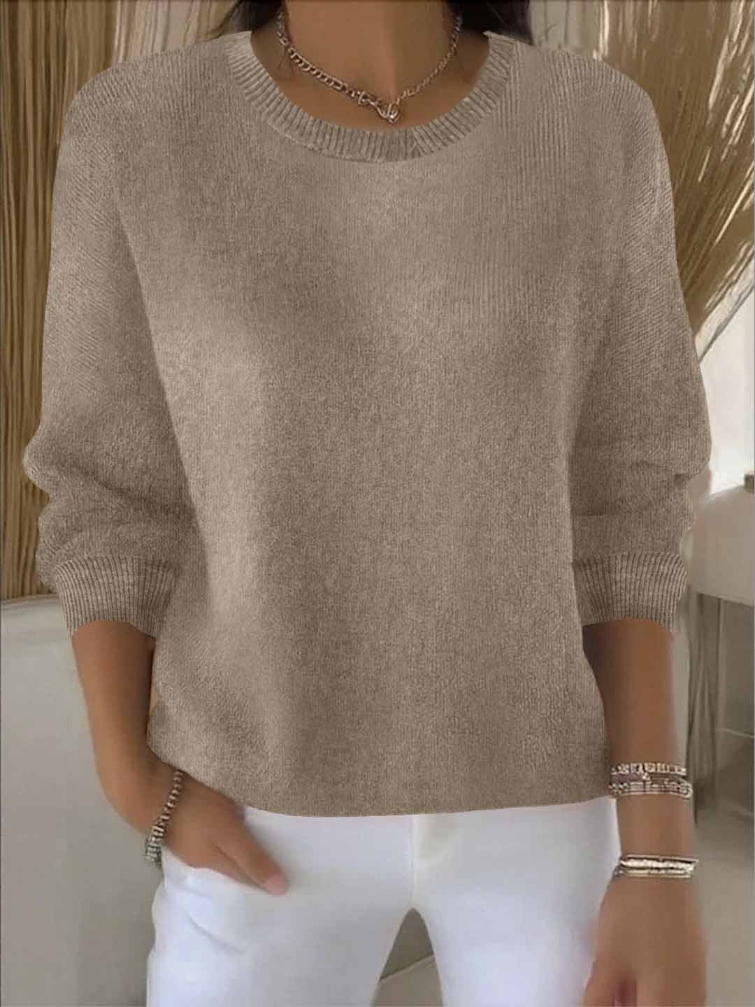 Sweter damski luźny z okrągłym dekoltem i długimi rękawami - Khaki