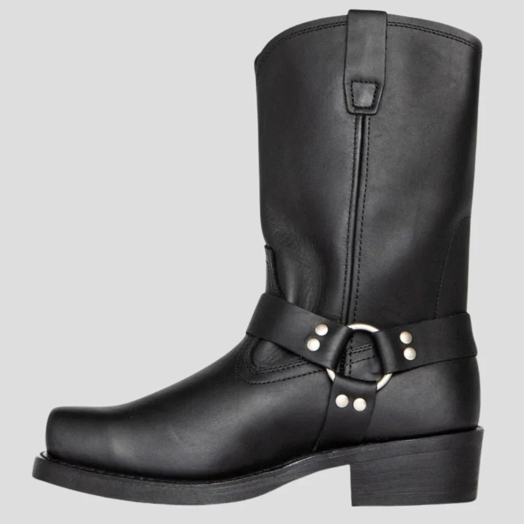Buty męskie motocyklowe z wysoką cholewką paskami i metalowymi nitami - Czarny