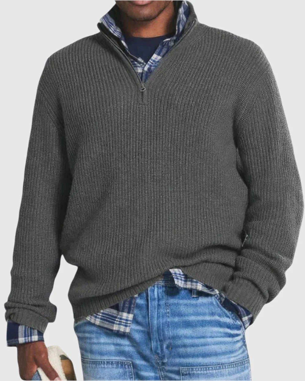 Sweter męski o luźnym kroju ze stójką i krótkim zamkiem - Szary