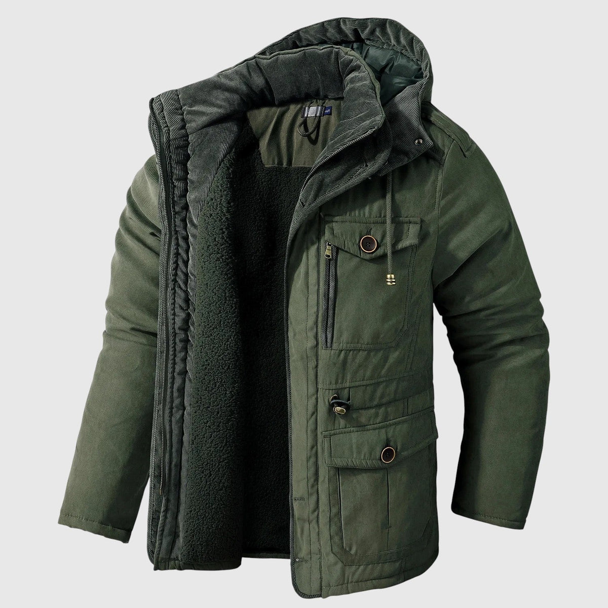 Kurtka męska zimowa z kapturem i wieloma kieszeniami w stylu outdoorowym - Zielony