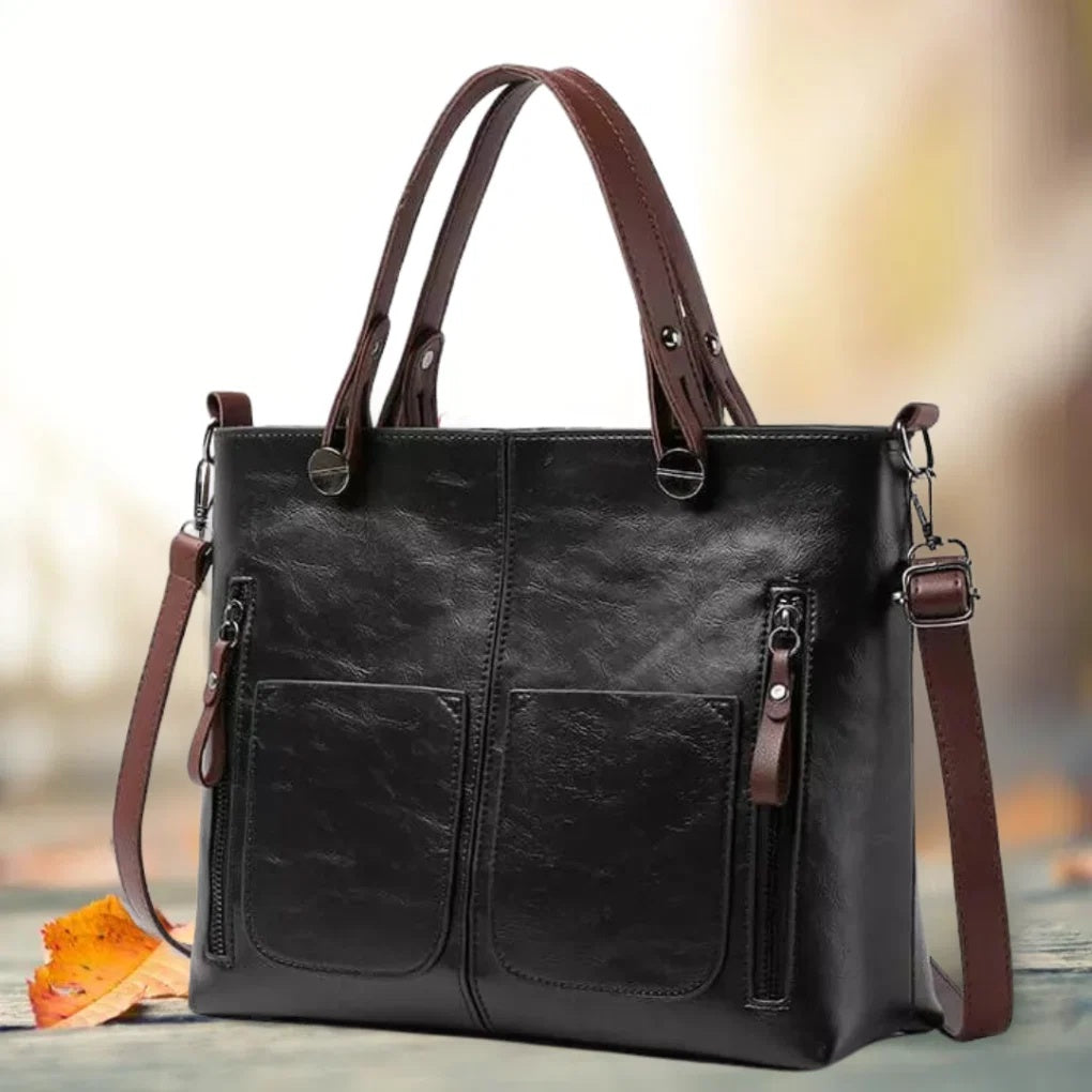 Torebka damska shopper z kieszeniami i paskiem na ramię - Czarny