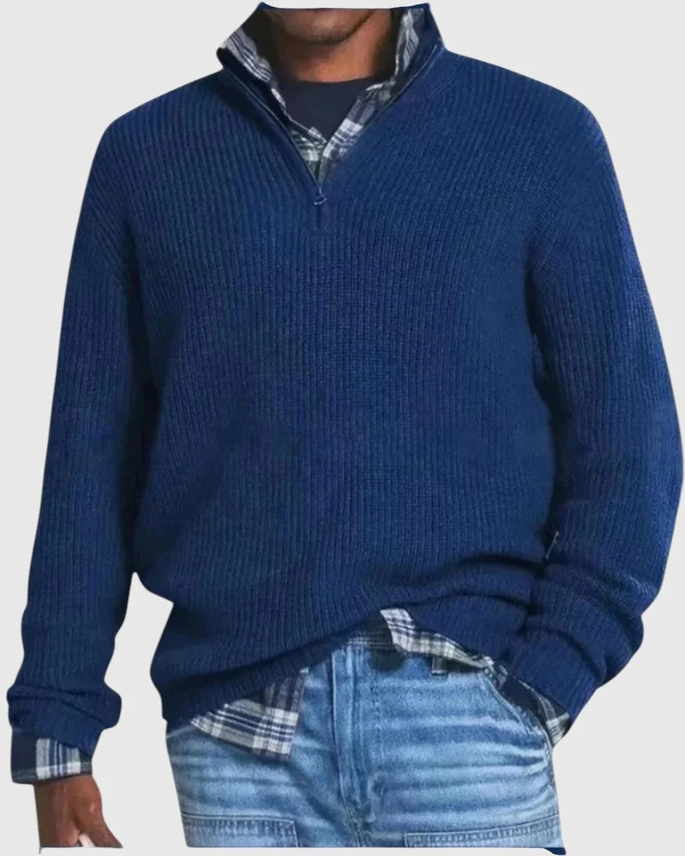 Sweter męski o luźnym kroju ze stójką i krótkim zamkiem - Granatowy