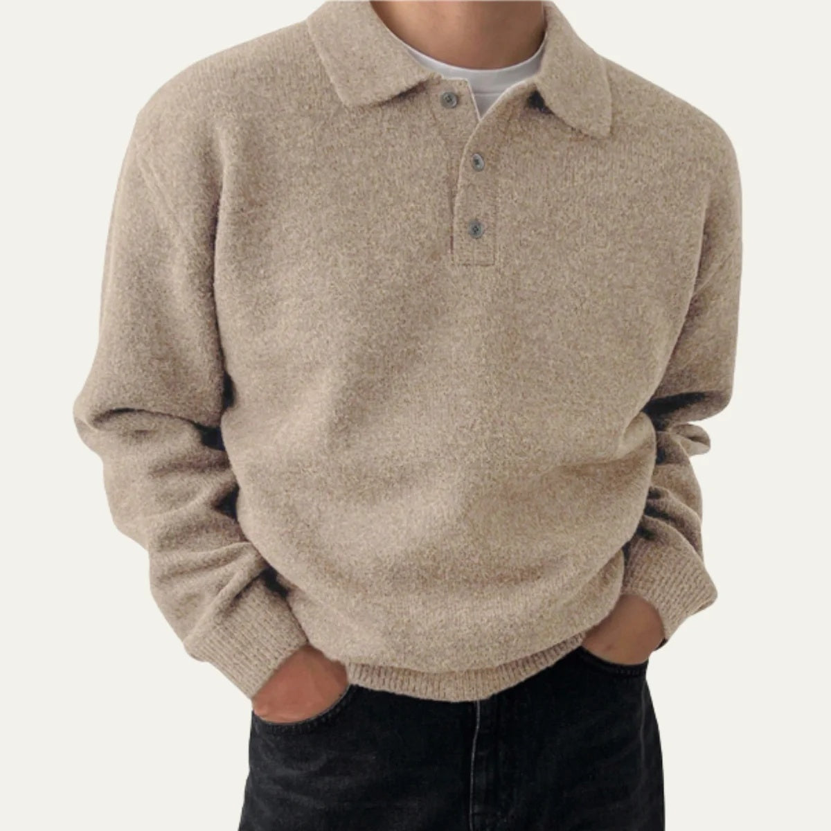Sweter męski z kołnierzykiem i zapięciem na guziki - Khaki