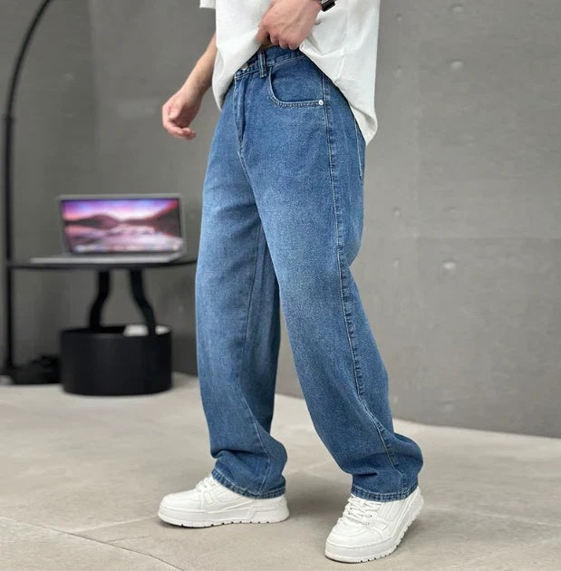 Spodnie męskie z wysokim stanem i prostymi szerokimi nogawkami - Denim
