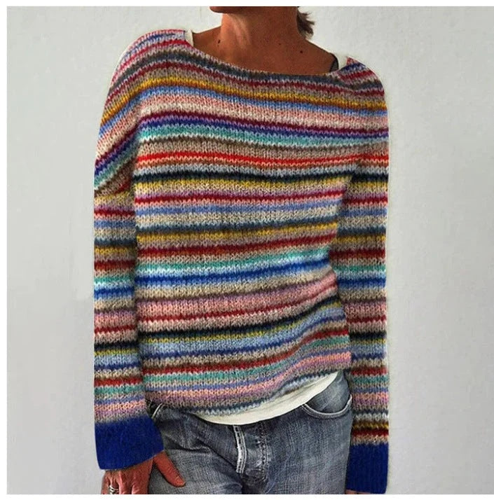 Sweter damski luźny z okrągłym dekoltem i wzorzystym karczkiem - Tęczowy
