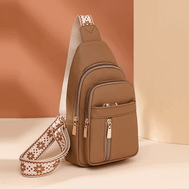Torba damska crossbody z regulowanym paskiem i kieszeniami na zamek - Khaki