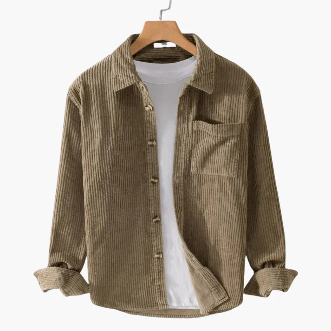Koszula męska oversize prążkowana z długim rękawem i kieszenią - Khaki