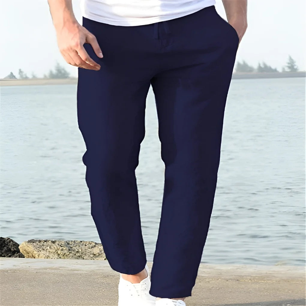Spodnie męskie zwężane z elastyczną talią i wiązaniem - Ciemnoniebieski