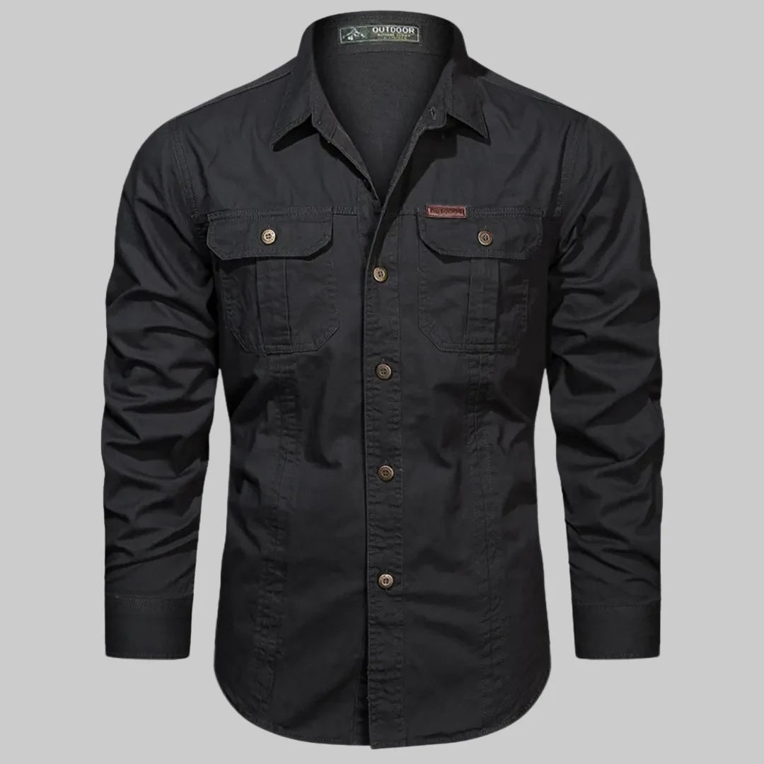 Koszula męska casual o luźnym kroju z długim rękawem i kieszeniami - Czarny