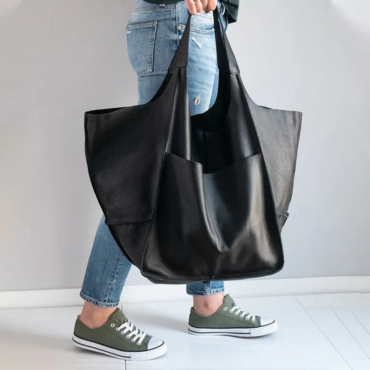 Torebka damska shopper duża z szerokimi uchwytami i kieszeniami - Czarny