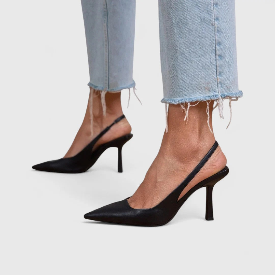 Czółenka damskie slingback na szpilce ze spiczastym noskiem - Czarna Skóra