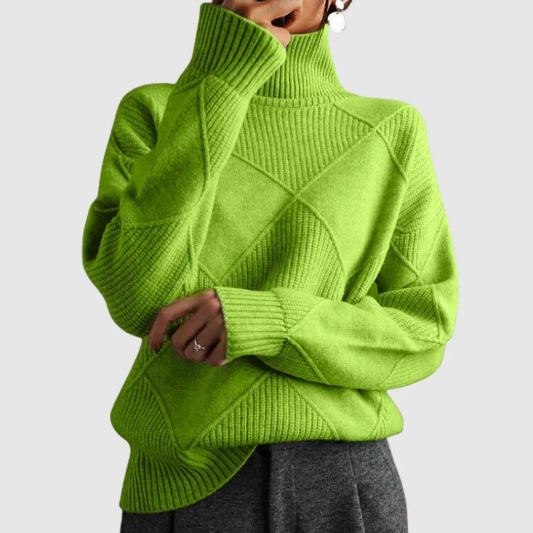Sweter damski oversize z wysokim golfem i wypukłym wzorem w romby - Zielony