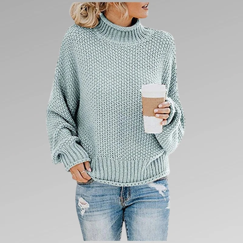 Sweter damski oversize z golfem i długimi rękawami - Błękitny