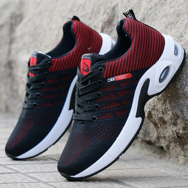 Buty sportowe męskie sznurowane z grubą podeszwą i okrągłym noskiem - Czerwony