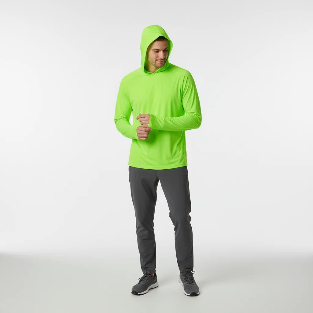 Bluza męska sportowa z kapturem długim rękawem i otworami na kciuki - Jaskrawozielony