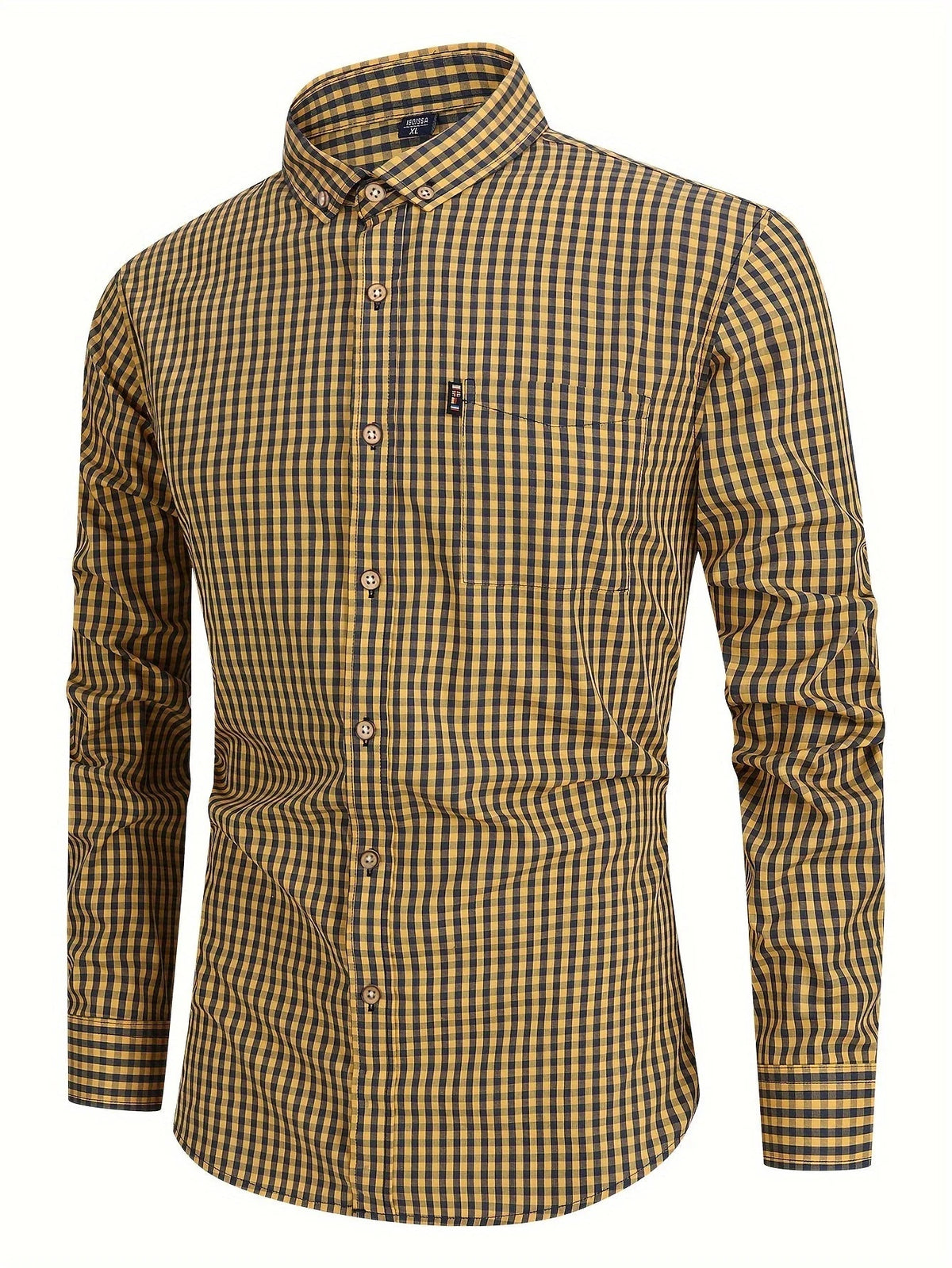 Koszula męska w kratę z długim rękawem i kołnierzykiem button down - Żółty