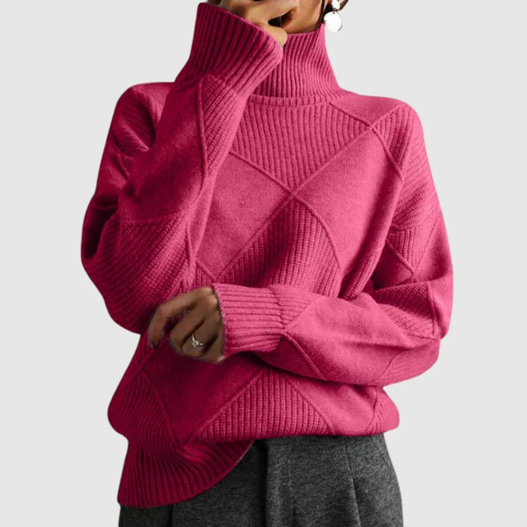 Sweter damski oversize z wysokim golfem i wypukłym wzorem w romby - Różowy