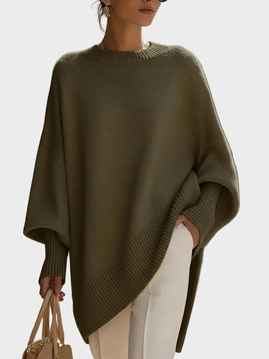 Sweter damski oversize o kroju poncza z okrągłym dekoltem i długimi rękawami - Oliwkowy