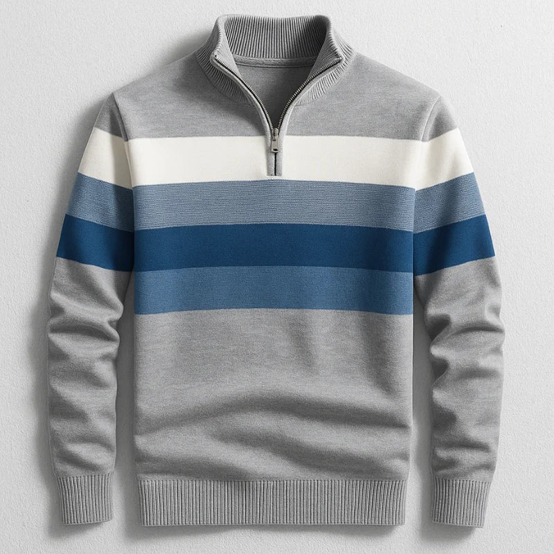 Sweter męski w pasy ze stójką i krótkim zamkiem - Szary