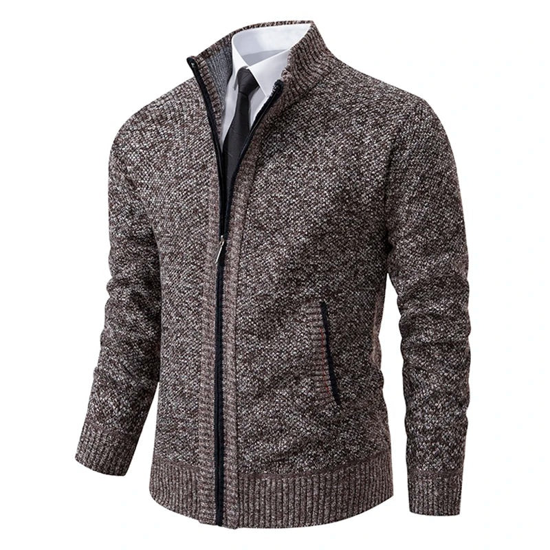 Sweter męski rozpinany ze stójką i prążkowanym wykończeniem - Brązowy
