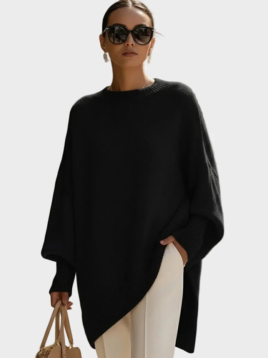 Sweter damski oversize o kroju poncza z okrągłym dekoltem i długimi rękawami - Czarny