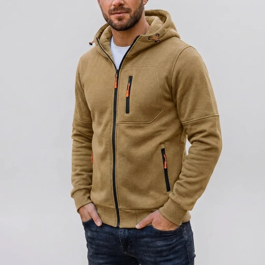 Bluza męska rozpinana z kapturem i trzema kieszeniami na zamki - Khaki